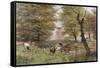 Cows By Bridge-Bill Makinson-Framed Stretched Canvas