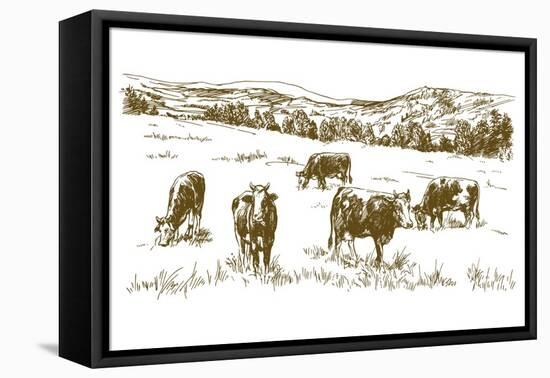 Cows Grazing on Meadow. Hand Drawn Illustration.-canicula-Framed Stretched Canvas