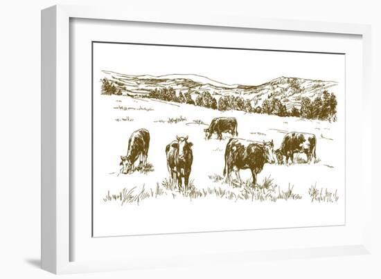 Cows Grazing on Meadow. Hand Drawn Illustration.-canicula-Framed Art Print