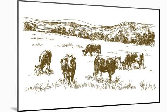 Cows Grazing on Meadow. Hand Drawn Illustration.-canicula-Mounted Art Print