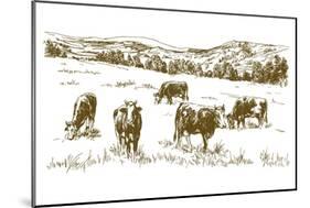 Cows Grazing on Meadow. Hand Drawn Illustration.-canicula-Mounted Art Print