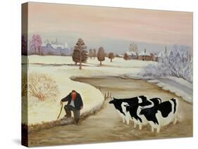Cows in a Winter River-Margaret Loxton-Stretched Canvas