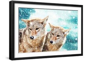 Coyote Pair & Blue Winter Sky-null-Framed Art Print