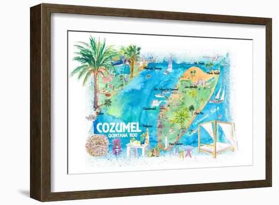 Cozumel Quintana Roo Mexico Illustrated Travel Map with Roads and Highlights-M. Bleichner-Framed Art Print