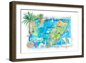 Cozumel Quintana Roo Mexico Illustrated Travel Map with Roads and Highlights-M. Bleichner-Framed Art Print