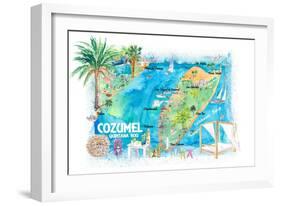 Cozumel Quintana Roo Mexico Illustrated Travel Map with Roads and Highlights-M. Bleichner-Framed Art Print