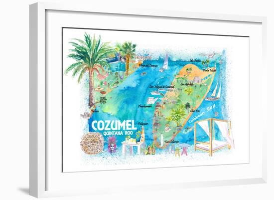 Cozumel Quintana Roo Mexico Illustrated Travel Map with Roads and Highlights-M. Bleichner-Framed Art Print