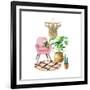 Cozy Room Interior with Arm-Chair, Carpet, Pillow, Monstera in Straw Basket, Macramé and Cactus. Co-natnatnat-Framed Art Print