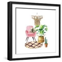 Cozy Room Interior with Arm-Chair, Carpet, Pillow, Monstera in Straw Basket, Macramé and Cactus. Co-natnatnat-Framed Art Print