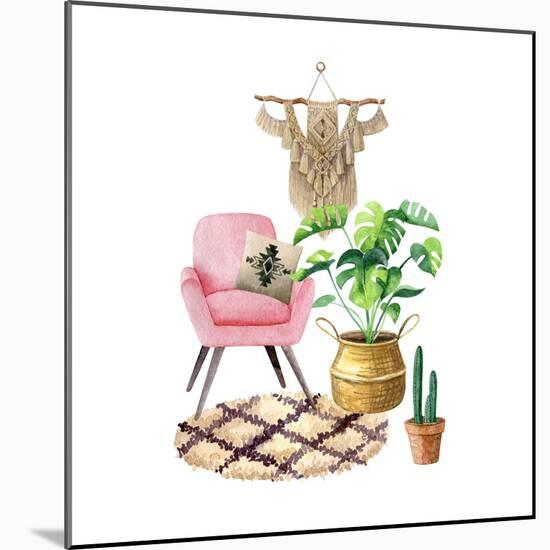 Cozy Room Interior with Arm-Chair, Carpet, Pillow, Monstera in Straw Basket, Macramé and Cactus. Co-natnatnat-Mounted Art Print