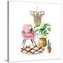 Cozy Room Interior with Arm-Chair, Carpet, Pillow, Monstera in Straw Basket, Macramé and Cactus. Co-natnatnat-Stretched Canvas