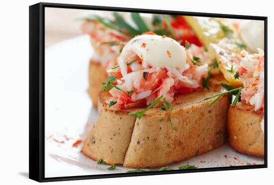 Crab Meat with Toast, Sauce and Fresh Herbs, Close-Up-Kondor83-Framed Stretched Canvas