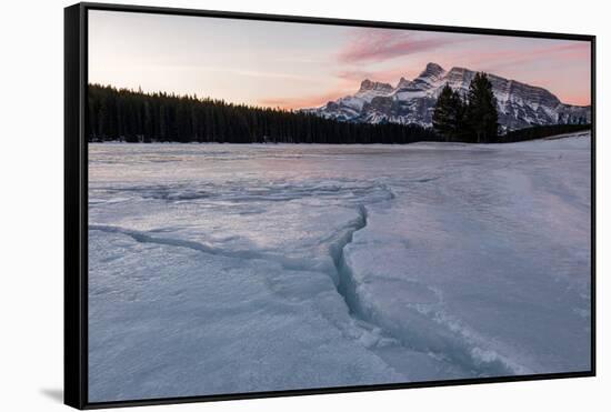 Cracks in ice on frozen lake at sunrise, Mount Rundle, Banff National Park, Alberta, Canada-null-Framed Stretched Canvas