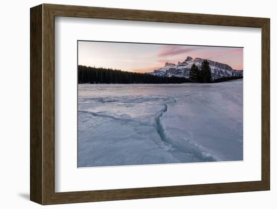 Cracks in ice on frozen lake at sunrise, Mount Rundle, Banff National Park, Alberta, Canada-null-Framed Photographic Print