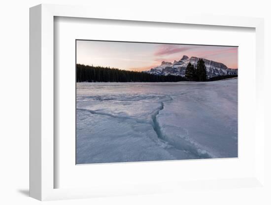 Cracks in ice on frozen lake at sunrise, Mount Rundle, Banff National Park, Alberta, Canada-null-Framed Photographic Print