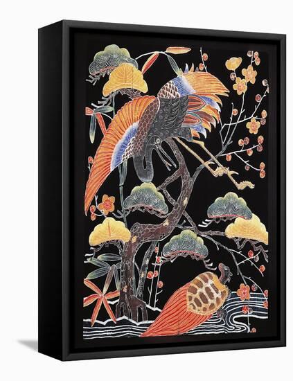 Cranes and Long-Tailed Tortoise (Tsurugame) Detail from Kimono Fabric with Auspicious Motifs-null-Framed Stretched Canvas