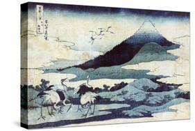 Cranes on the Ground and in Flight with Mount Fuji in the Background, Japanese Wood-Cut Print-Lantern Press-Stretched Canvas