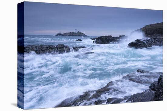 Crashing Atlantic Waves Near Godrevy Lighthouse, Cornwall, England. Winter (February)-Adam Burton-Stretched Canvas