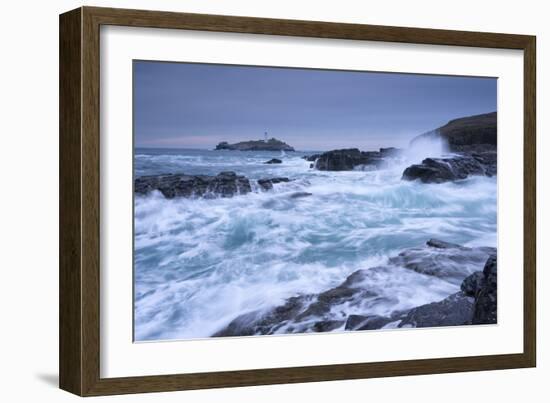 Crashing Atlantic Waves Near Godrevy Lighthouse, Cornwall, England. Winter (February)-Adam Burton-Framed Photographic Print