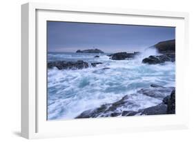 Crashing Atlantic Waves Near Godrevy Lighthouse, Cornwall, England. Winter (February)-Adam Burton-Framed Photographic Print