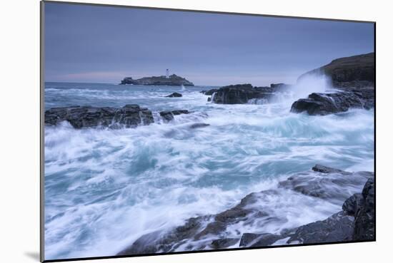 Crashing Atlantic Waves Near Godrevy Lighthouse, Cornwall, England. Winter (February)-Adam Burton-Mounted Photographic Print