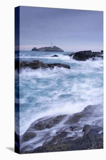 Crashing Atlantic Waves Near Godrevy Lighthouse, Cornwall, England. Winter (February)-Adam Burton-Stretched Canvas