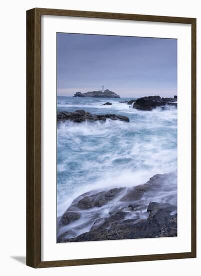 Crashing Atlantic Waves Near Godrevy Lighthouse, Cornwall, England. Winter (February)-Adam Burton-Framed Photographic Print