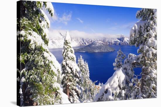 Crater Lake and Wizard Island in Winter, Crater Lake National Park, Oregon, Usa-Russ Bishop-Stretched Canvas