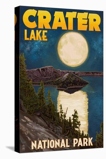 Crater Lake National Park, Oregon - Lake and Full Moon-Lantern Press-Stretched Canvas