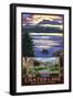 Crater Lake National Park, Oregon - Lake Scene and Lodge-Lantern Press-Framed Art Print