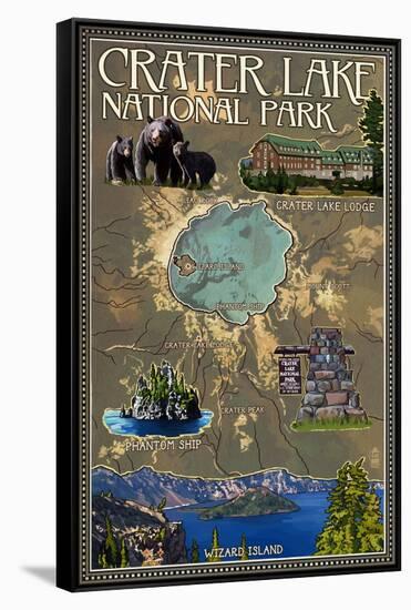 Crater Lake National Park, Oregon - Map and Icons-Lantern Press-Framed Stretched Canvas