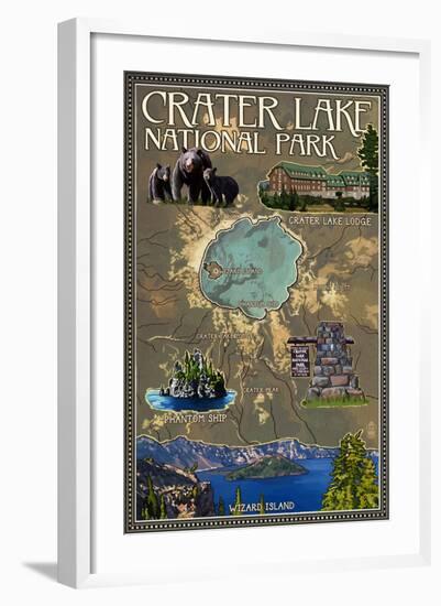 Crater Lake National Park, Oregon - Map and Icons-Lantern Press-Framed Art Print