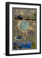 Crater Lake National Park, Oregon - Map and Icons-Lantern Press-Framed Art Print