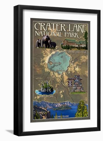 Crater Lake National Park, Oregon - Map and Icons-Lantern Press-Framed Art Print