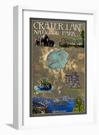 Crater Lake National Park, Oregon - Map and Icons-Lantern Press-Framed Art Print