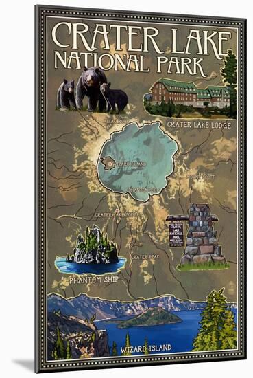 Crater Lake National Park, Oregon - Map and Icons-Lantern Press-Mounted Art Print