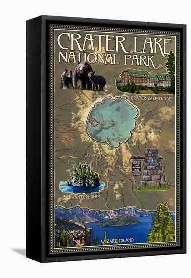 Crater Lake National Park, Oregon - Map and Icons-Lantern Press-Framed Stretched Canvas