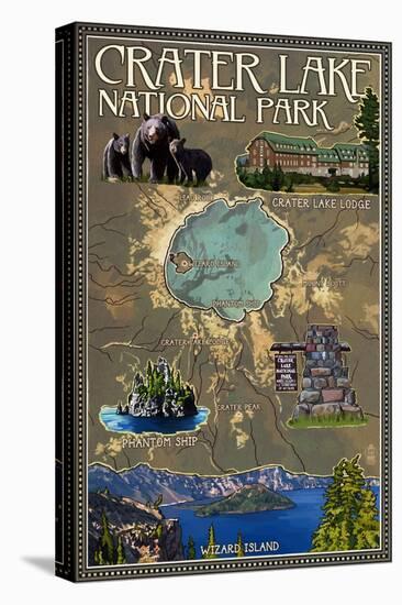 Crater Lake National Park, Oregon - Map and Icons-Lantern Press-Stretched Canvas