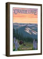 Crater Lake, Oregon - Spring Flowers and Bear Family-Lantern Press-Framed Art Print