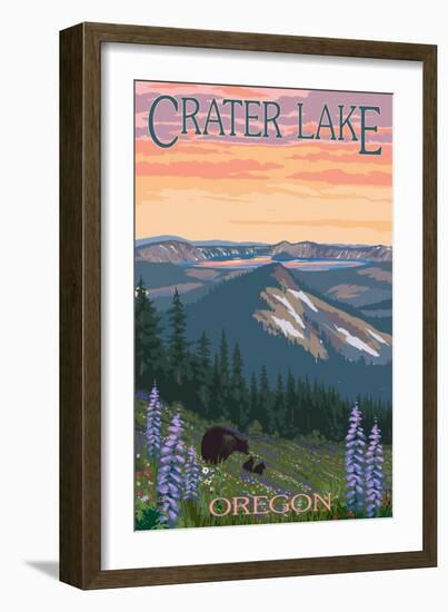 Crater Lake, Oregon - Spring Flowers and Bear Family-Lantern Press-Framed Art Print
