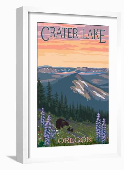 Crater Lake, Oregon - Spring Flowers and Bear Family-Lantern Press-Framed Art Print