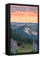 Crater Lake, Oregon - Spring Flowers and Bear Family-Lantern Press-Framed Stretched Canvas