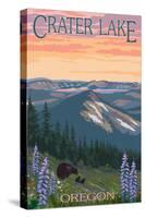 Crater Lake, Oregon - Spring Flowers and Bear Family-Lantern Press-Stretched Canvas