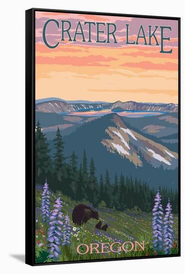 Crater Lake, Oregon - Spring Flowers and Bear Family-Lantern Press-Framed Stretched Canvas