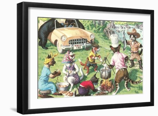 Crazy Cats at Picnic with Bears-null-Framed Art Print