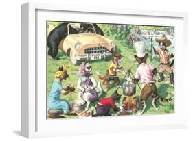 Crazy Cats at Picnic with Bears-null-Framed Art Print