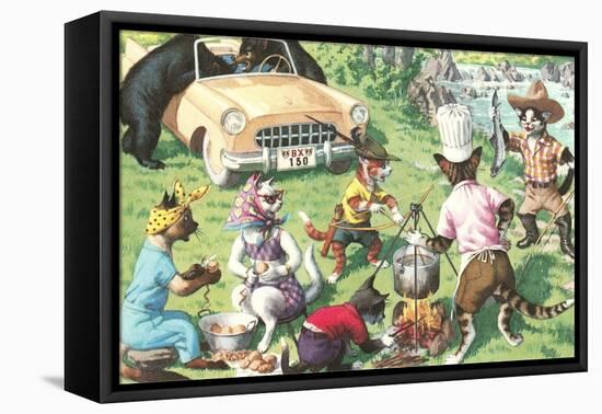 Crazy Cats at Picnic with Bears-null-Framed Stretched Canvas