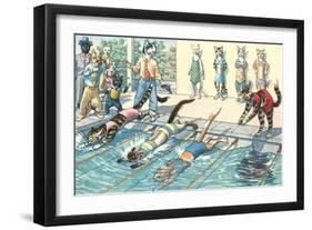 Crazy Cats at the Swim Meet-null-Framed Art Print