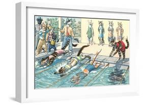 Crazy Cats at the Swim Meet-null-Framed Art Print