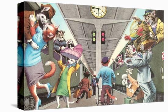 Crazy Cats Boarding the Train-null-Stretched Canvas